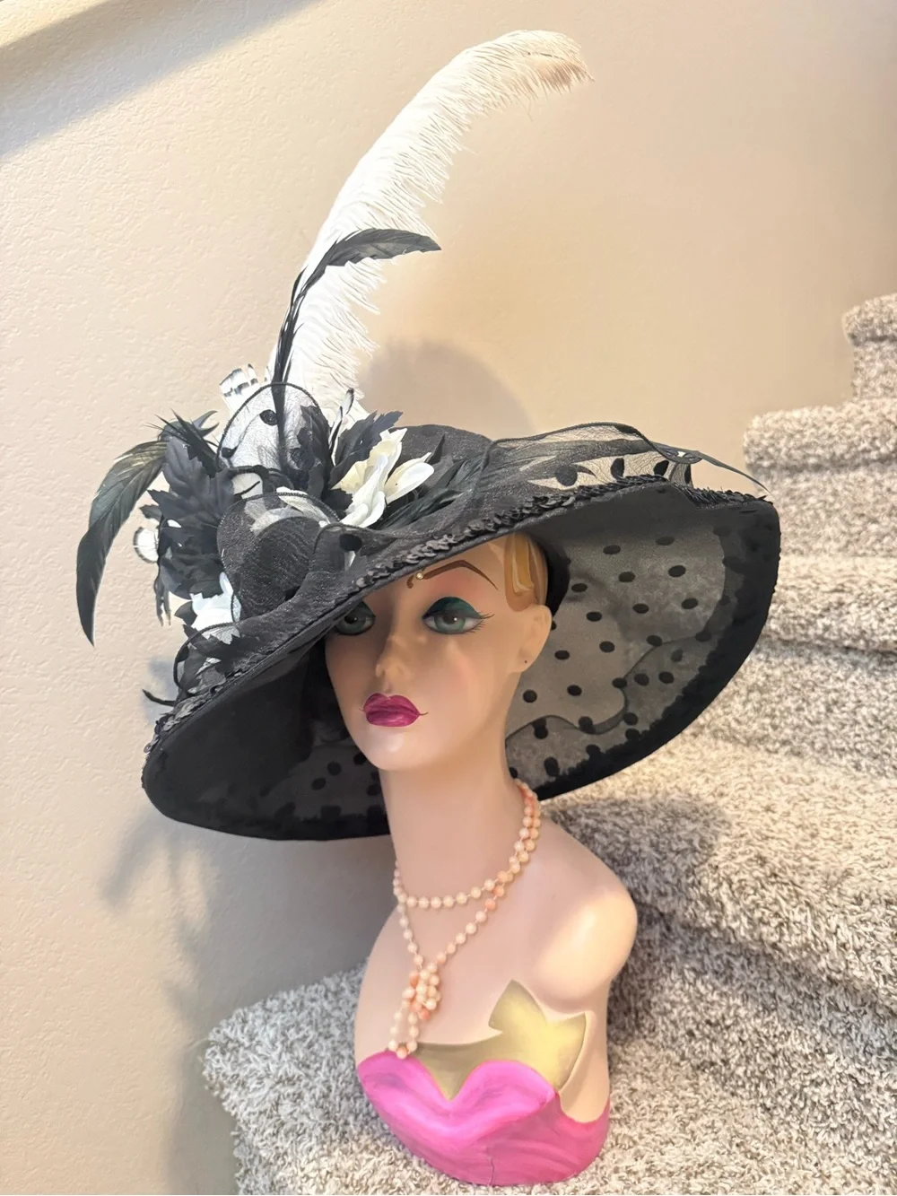 Elegant Black and White Feathered Floral hat blazing